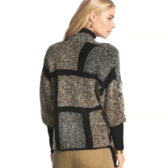 Chico's Textured Knit Fringe Career Open Front Cardigan   Patchwork Wool Blend - Picture 4 of 10